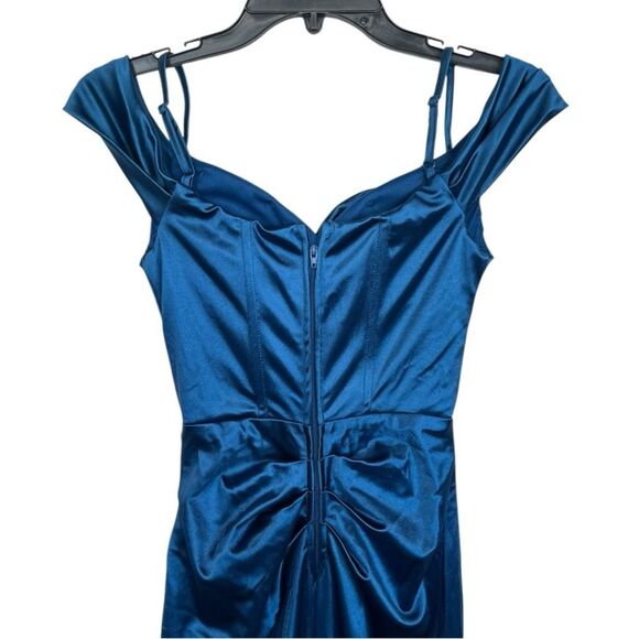 NWT B. Darlin | Blue Off The Shoulder Corset Wrap Side Slit Long Dress 0 - Picture 3 of 9